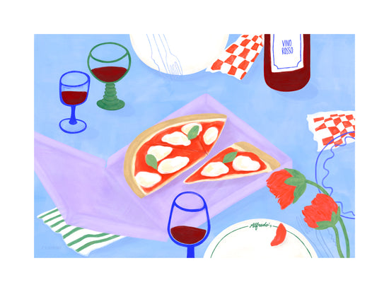 The Pizza for Three Poster by Frauke Schyroki features a table with mozzarella and basil pizza, three glasses of red wine, a Vino Rosso bottle, a checkered napkin, and two red flowers against a light blue background—ideal wall art for any dining space.