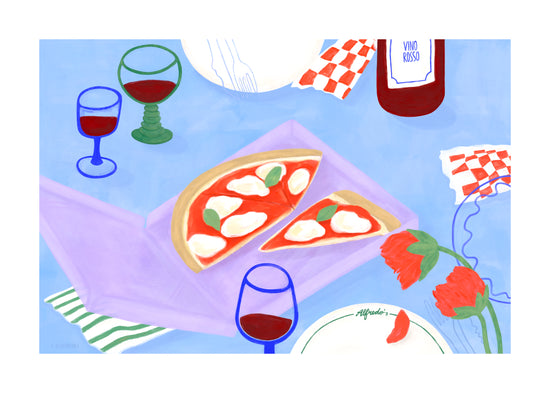 The Pizza for Three Poster showcases a vibrant illustration of a tomato and mozzarella pizza on parchment, surrounded by wine glasses, a Vino Rosso bottle, scattered napkins, and red flowers against a blue background. The design is influenced by Frauke Schyroki.