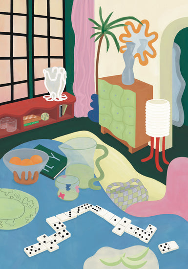 The Living Room Domino Poster showcases an exotic interior with a domino gaming set on the table, a vase on the dresser, and a unique lamp. Pastel colors fill the room with a curved doorway and window view, completing the artistic and whimsical setting.