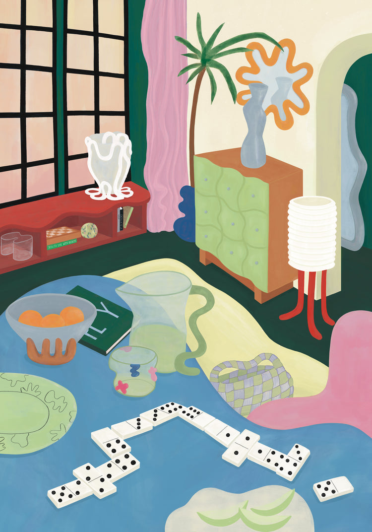 The Living Room Domino Poster showcases an exotic interior with a domino gaming set on the table, a vase on the dresser, and a unique lamp. Pastel colors fill the room with a curved doorway and window view, completing the artistic and whimsical setting.