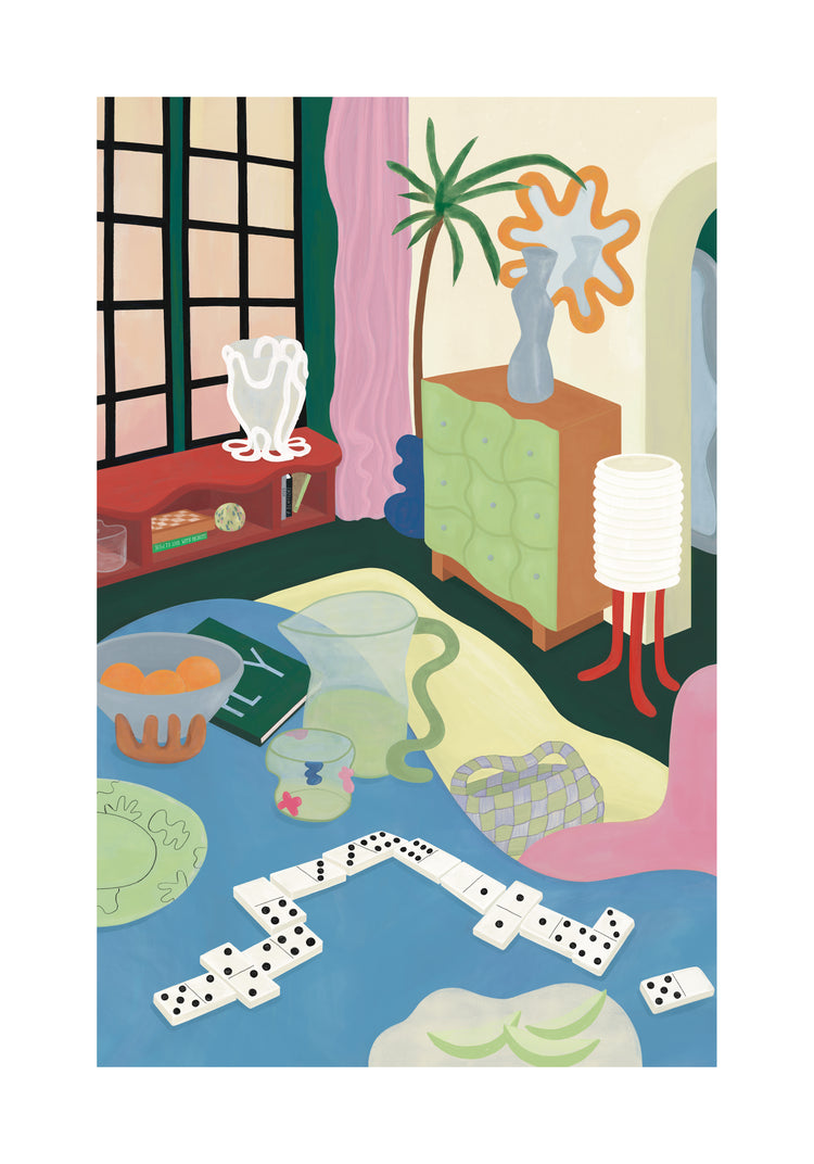 An abstract room features exotic style with a green dresser, wavy vase, tall lamp, large windows, and a Frauke Schyroki Living Room Domino Poster. The table holds a domino game set, pitcher, oranges in a bowl, and book. A pink curtain and potted plant enhance the welcoming atmosphere.