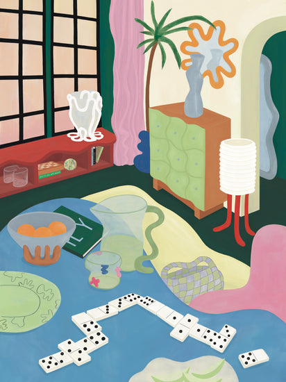 A colorful, abstract room with vibrant decor highlights exotic styles: a table with a domino gaming set, books, and fruit; a large window with glass pieces; a green cabinet and vase; and a unique lamp. Playful shapes dance as the Living Room Domino Poster completes the lively scene.