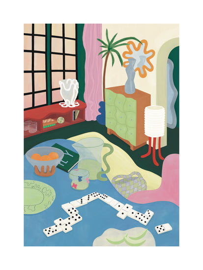 A vibrant scene featuring the Living Room Domino Poster: a blue table with a domino set, pitcher, and fruit bowl; a green cabinet with an unusual vase; curved lamp, pink curtain, tall plant, and large windows all set against abstract objects and exotic interiors with wavy shapes.