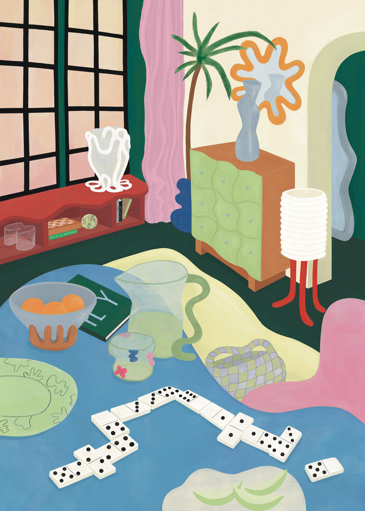 The Living Room Domino Poster illustrates an exotic interior with a colorful room: a blue tablecloth, domino set, fruit bowl, and book on the table, adorned by a vase and pitcher. In the background, a green cabinet complements the plant, abstract decor, large windows, and an arched doorway.