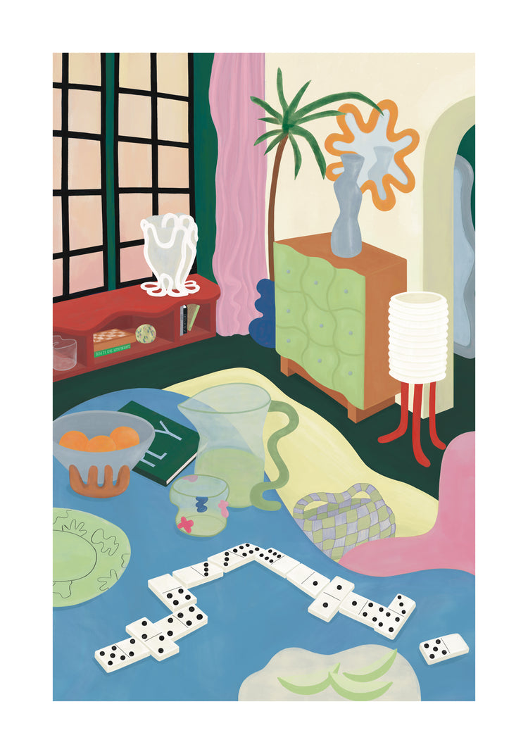 The Living Room Domino Poster displays an abstract painting of a vibrant room with exotic interior elements, including a large window, a potted plant on a green cabinet, and a unique lamp. A shelf with decor accents the table holding a fruit bowl, books, and jug, while dominoes adorn the wavy multicolored floor.