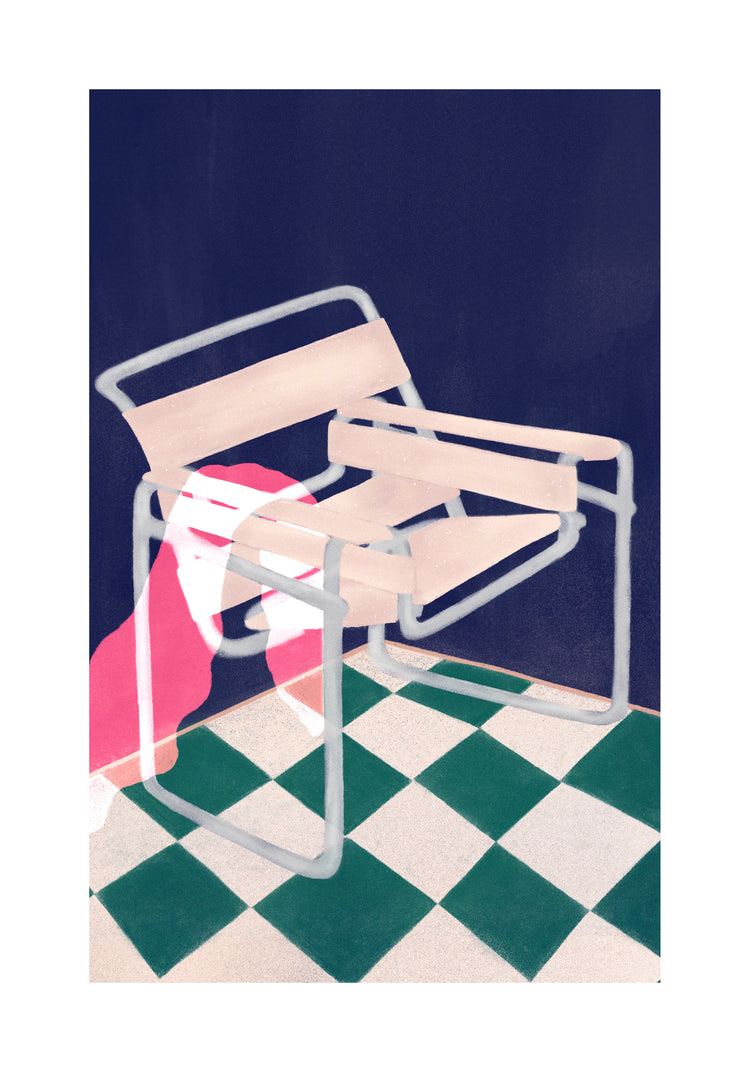 The Bauhaus 02 Poster illustrates a sleek modern Wassily chair with a pink blanket over one arm, set on a green and white checkered floor against a dark backdrop. The chair, with its metallic frame and light seat, reflects true modernism design elements.