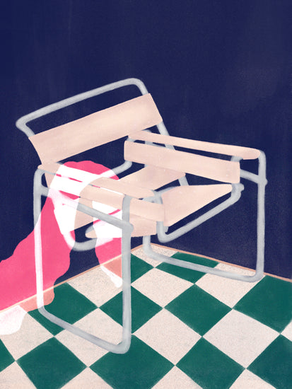 On a green and white checkered floor sits a modern chair with light wooden slats and a metal frame, echoing the Bauhaus 02 style. A red and white striped cloth drapes over the arm against a dark background, reminiscent of modernisms clean lines portrayed in the Bauhaus 02 Poster.