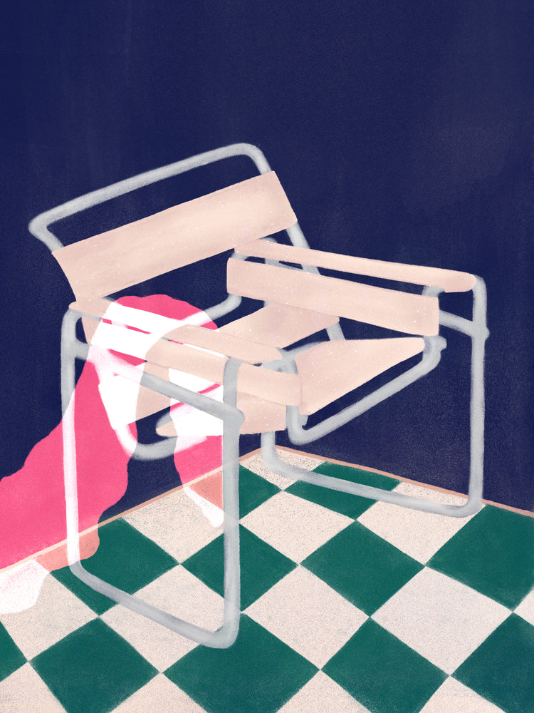 On a green and white checkered floor sits a modern chair with light wooden slats and a metal frame, echoing the Bauhaus 02 style. A red and white striped cloth drapes over the arm against a dark background, reminiscent of modernisms clean lines portrayed in the Bauhaus 02 Poster.