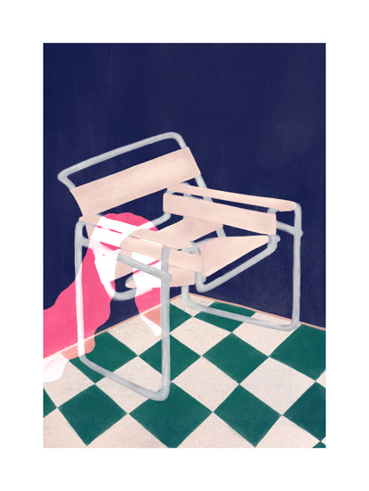 The Bauhaus 02 Poster features a minimalist illustration of a Wassily chair, emphasizing its tubular metal frame and wooden slats. A vivid pink cloth drapes over it, set against a green and white checkered floor with a dark backdrop, embodying modernism.
