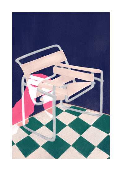 The Bauhaus 02 Poster features a Wassily chair adorned with a pink abstract shape against a dark backdrop, set on a green and white checkered floor. Its minimalist design highlights modernism with thin, light-colored outlines.