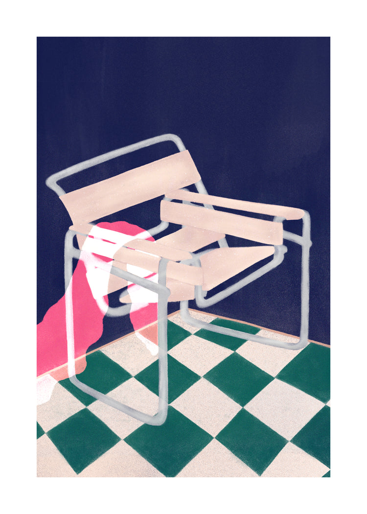 The Bauhaus 02 Poster features a Wassily chair adorned with a pink abstract shape against a dark backdrop, set on a green and white checkered floor. Its minimalist design highlights modernism with thin, light-colored outlines.
