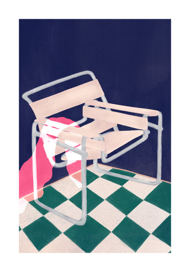The Bauhaus 02 Poster features an abstract illustration of a Wassily chair with a tubular metal frame and a light-colored seat on a green and white checkered floor. A pink cloth drapes over the armrest, set against a deep navy blue background, embodying the essence of modernism.