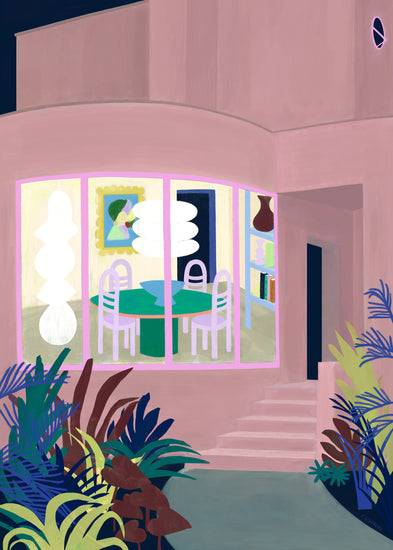 The Lighted Windows 01 Poster features a modern house with large windows, revealing a dining setup inside. A pink-hued exterior is framed by stylized plants, showcasing vibrant colors and a stairway leading to the entrance.