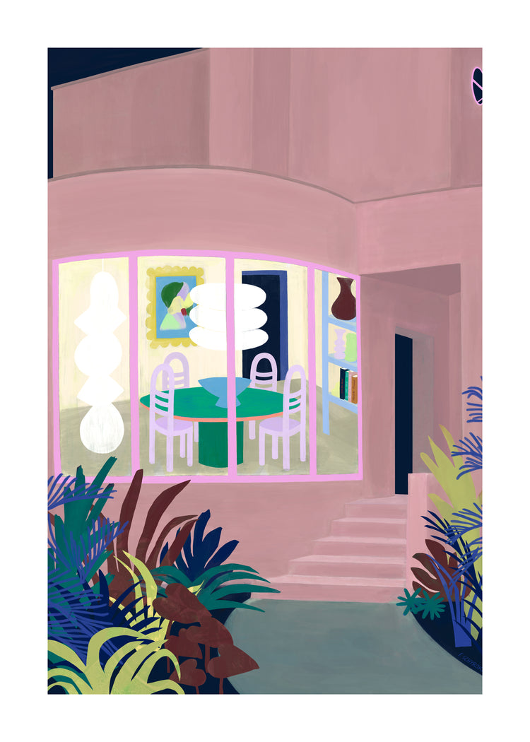The Lighted Windows 01 Poster depicts a modern house with a large window showing a dining area featuring a round table, chairs, vibrant artwork, and shelves. Outside, lush plants line the path leading to steps at the corner of this picture-perfect home.