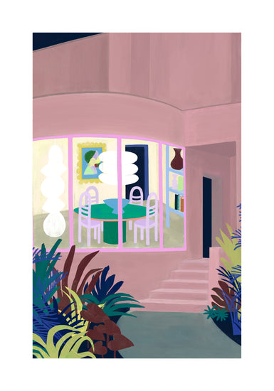 The Lighted Windows 01 Poster depicts a modern interior seen through a large window, featuring a table, chairs, abstract art on the walls, and soft lighting. Steps lead to the glass doors while lush plants frame this colorful scene in the foreground.
