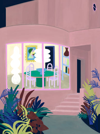 The Lighted Windows 01 Poster showcases a vibrant illustration of a modern house exterior at night. Through a large window, you can see an interior featuring a round table, chairs, and artwork. Lush plants with broad leaves frame the entrance steps in this colorful design.