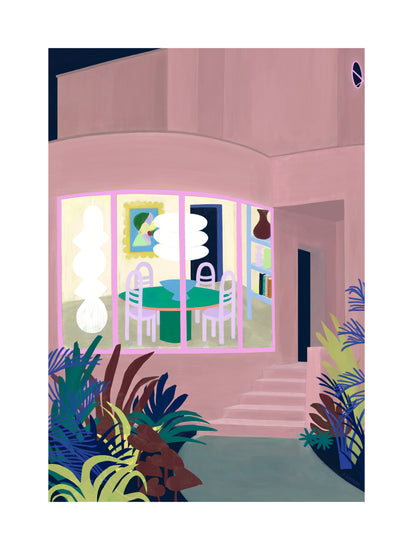 The Lighted Windows 01 Poster features an illustrated modern house with large windows revealing a dining room with a round table and abstract art. The pink exterior, stairs, and lush green plants in the foreground create a vibrant and colorful design.