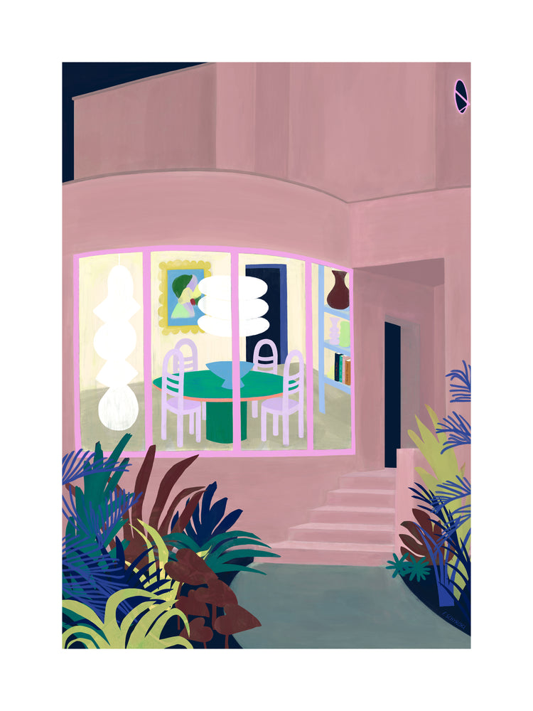 The Lighted Windows 01 Poster features an illustrated modern house with large windows revealing a dining room with a round table and abstract art. The pink exterior, stairs, and lush green plants in the foreground create a vibrant and colorful design.