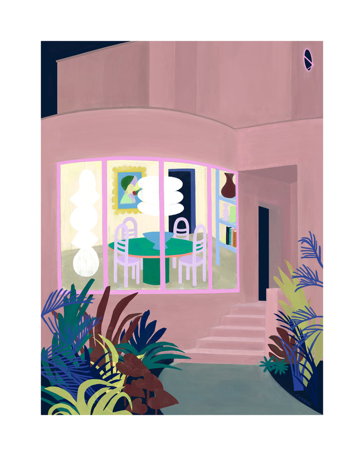 The Lighted Windows 01 Poster showcases a vibrant modern house exterior at night. Through large windows, view the lit dining room featuring a green table, white chairs, and an elegant lamp beneath a painting. Steps guide visitors to an entrance highlighted by vibrant plants.