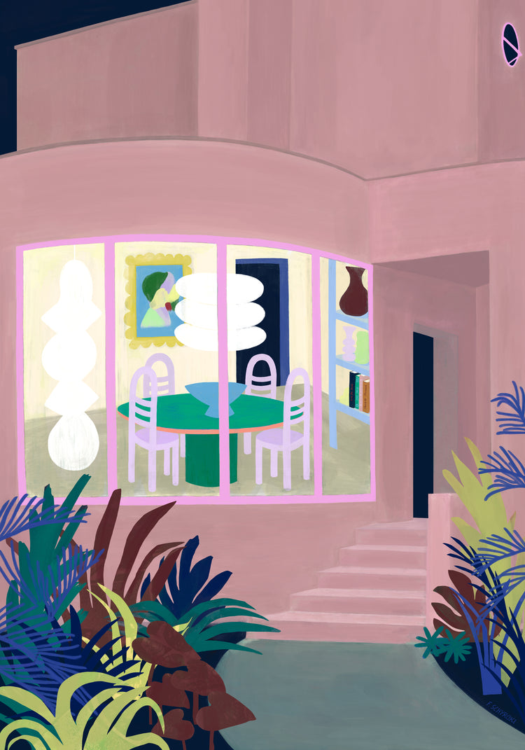 The Lighted Windows 01 Poster depicts a modern dining area with a round glass table, four white chairs, vibrant abstract art, and pendant lights. Large windows reveal lush plants outside that form a path up to the entrance.
