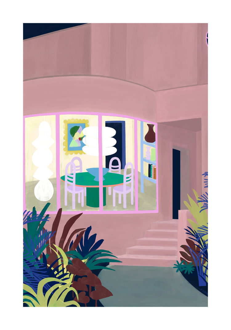 The Lighted Windows 01 Poster features illustrated artwork of a modern pink-toned building with large windows, revealing a brightly lit interior with a round table and chairs. Lush green foliage decorates the foreground, with steps leading up to a right entrance, creating a vibrant design.