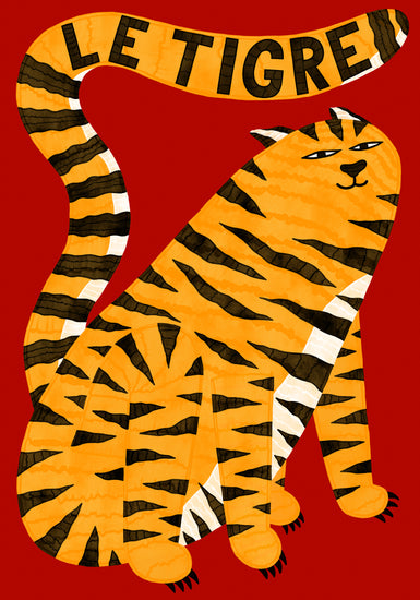A stylized orange tiger with bold stripes on a red background forms the posters focal point. Its tail curves overhead, spelling LE TIGRE in black letters. Created by Manne Jalilian, the tiger has a relaxed and amused expression, capturing modern artistic flair. Product: Le Tigre Red Poster.