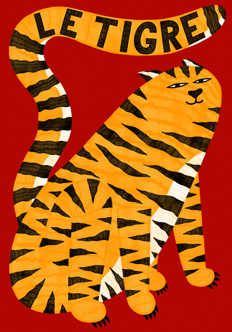 A stylized orange tiger with bold stripes on a red background forms the posters focal point. Its tail curves overhead, spelling LE TIGRE in black letters. Created by Manne Jalilian, the tiger has a relaxed and amused expression, capturing modern artistic flair. Product: Le Tigre Red Poster.