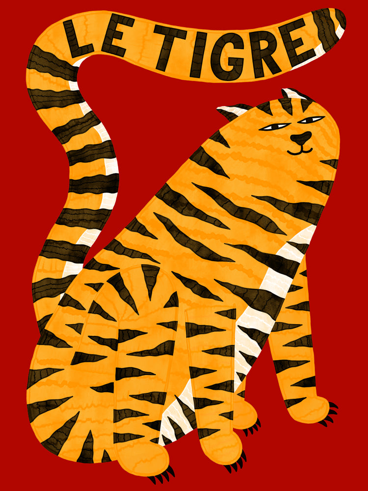 The Le Tigre Red Poster features a stylized tiger with bold black stripes on an orange body. Its long tail spells LE TIGRE against a vivid red background, channeling Manne Jalilians inspiration with a playful and quirky vibe.