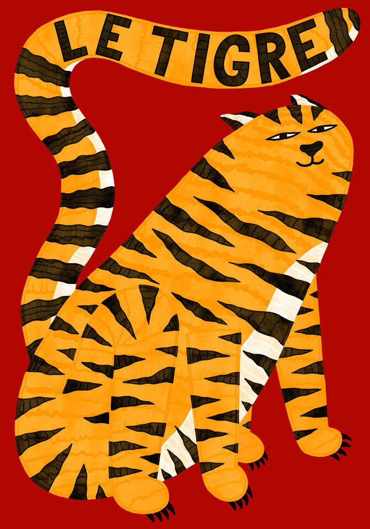 The Le Tigre Red Poster features a cartoon tiger with black and orange stripes on a vibrant red background. It sits gracefully, its tail elegantly curled above the bold text LE TIGRE, reminiscent of an exclusive Manne Jalilian artwork.