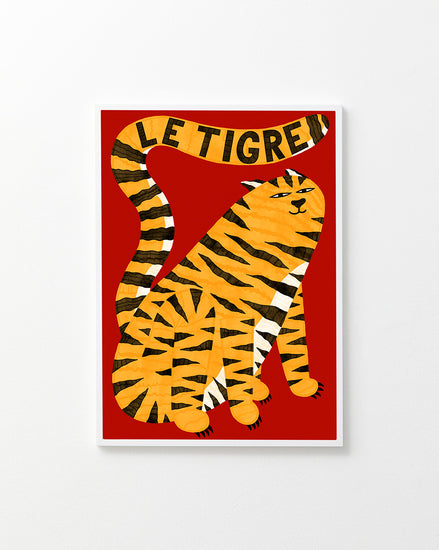 Illustration of an orange tiger on the Le Tigre Red Poster, featuring a stylized black-striped tiger sitting on a red background. The tail curves gracefully over its back, forming LE TIGRE in bold letters. This captivating design echoes Manne Jalilians unique style.