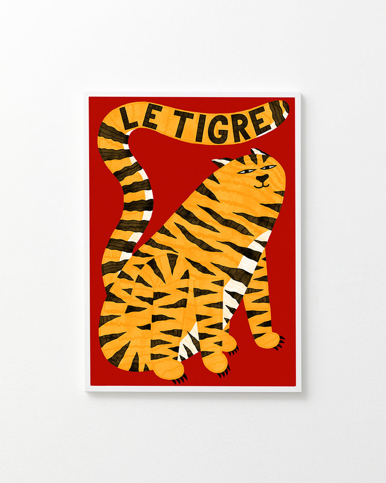 Illustration of an orange tiger on the Le Tigre Red Poster, featuring a stylized black-striped tiger sitting on a red background. The tail curves gracefully over its back, forming LE TIGRE in bold letters. This captivating design echoes Manne Jalilians unique style.