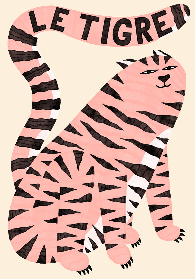 The Le Tigre White Poster showcases a pink tiger with bold black stripes against a beige background. The elegant curve of its tail displays the words LE TIGRE in bold, creating a striking and unique art piece.