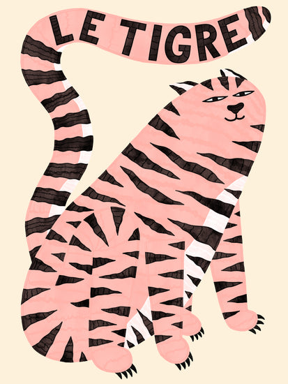 The Le Tigre White Poster features a pink tiger with bold black stripes and an elongated tail spelling LE TIGRE, exuding wild sophistication as the serene creature sits gracefully against a light beige background.