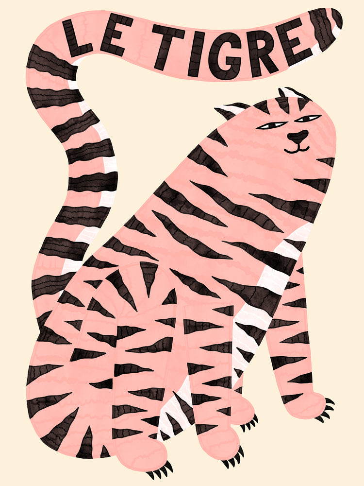 The Le Tigre White Poster features a pink tiger with bold black stripes and an elongated tail spelling LE TIGRE, exuding wild sophistication as the serene creature sits gracefully against a light beige background.