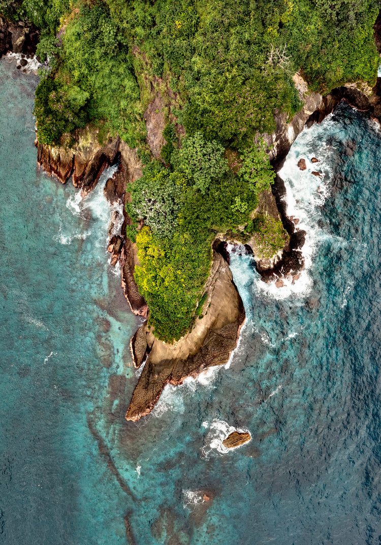 Paradise island covered in tropical jungle and surrounded by turquoise water.