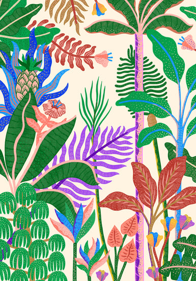 The Jungle by Day Poster showcases a vibrant tropical jungle scene inspired by Manne Jalilian, featuring lively plants like pineapple, banana, and palm fronds in shades of green, pink, purple, blue, and orange against a light background.