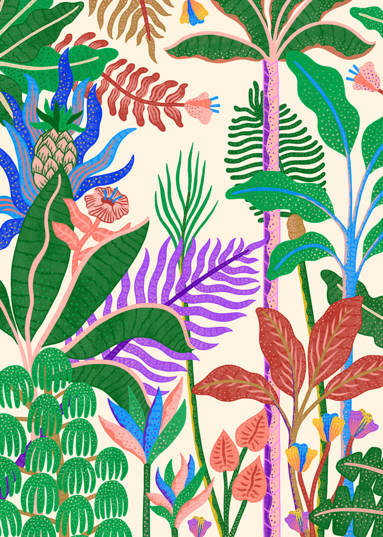 The Jungle by Day Poster features a tropical-themed illustration with stylized plants in vibrant green, pink, purple, and blue. Pineapples, ferns, and banana leaves stand out against a light yellow background, creating magical art akin to Manne Jalilians style.