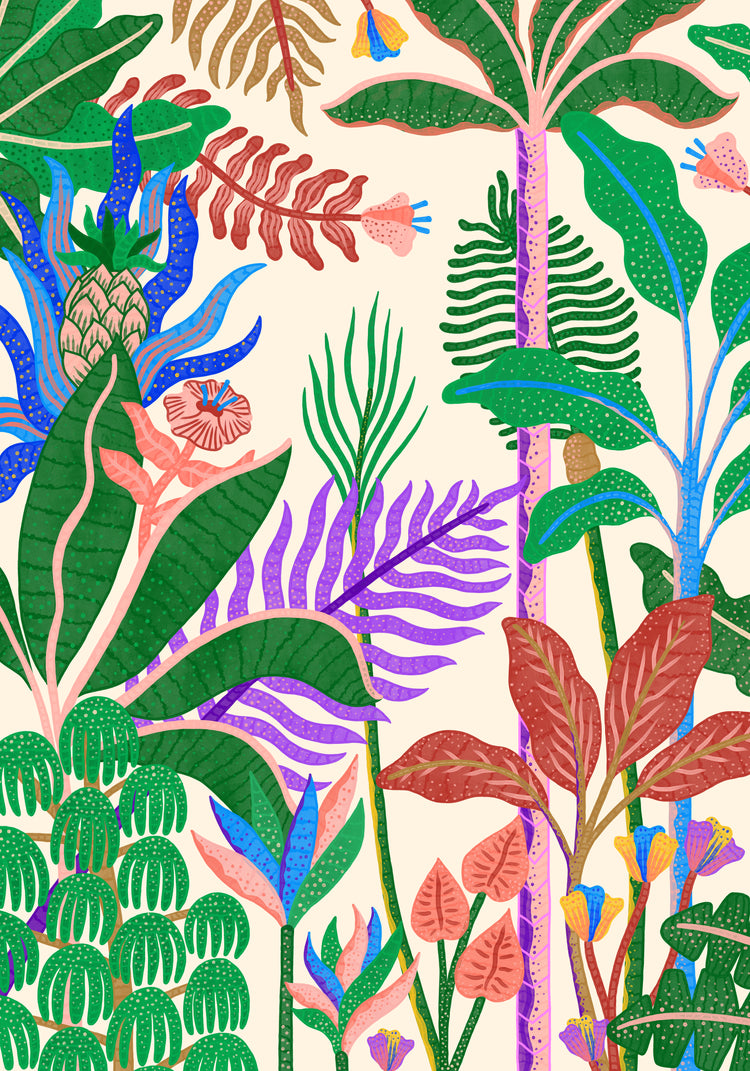 Jungle by Day Poster, crafted by Manne Jalilian, features a magical artwork of vibrant tropical plants and leaves. Ferns, banana leaves, and exotic flowers come to life in green, pink, purple, blue, and orange hues against a light background.