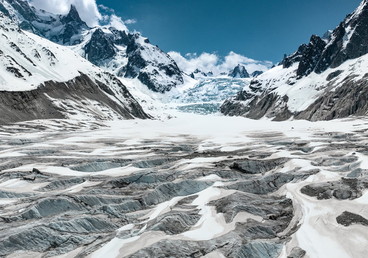 Mountain scenery with frozen grounds and snow-capped mountain peaks.