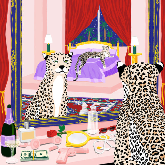 Bonafyde Poster by Manne Jalilian depicts a vivid illustration of a cheetah looks into a mirror reflecting another cheetah on a bed. A dresser holds luxury items such as cash, champagne, makeup, and toy gun. The room features elegant red curtains and reveals a starry night.