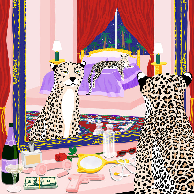 Bonafyde Poster by Manne Jalilian depicts a vivid illustration of a cheetah looks into a mirror reflecting another cheetah on a bed. A dresser holds luxury items such as cash, champagne, makeup, and toy gun. The room features elegant red curtains and reveals a starry night.
