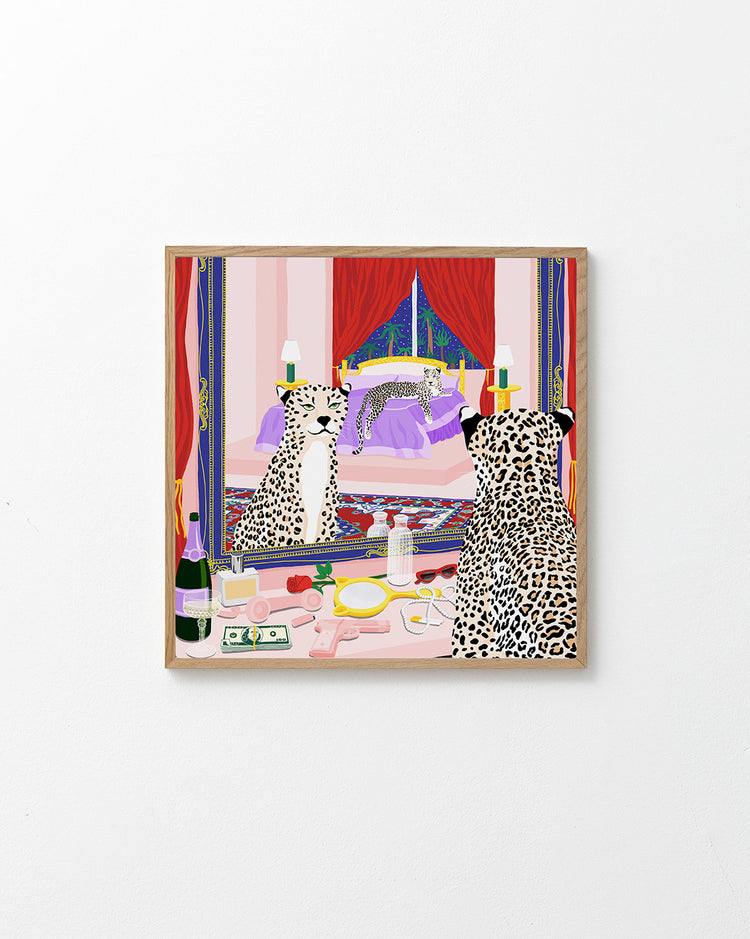 The Bonafyde Poster captures a masterpiece illustration of a leopard admiring itself in the mirror. It features an opulent room with a bed adorned in red drapes, a colorful rug, and another leopard lounging on the bed. Champagne, money, and cosmetics rest on the dresser—a true symbol of elegance.