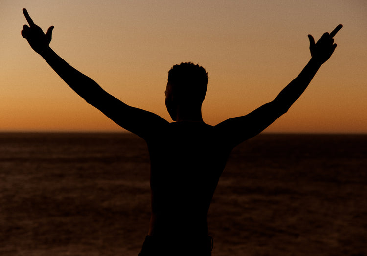 Man standing in front of a sea at sunset and flipping everybody off.