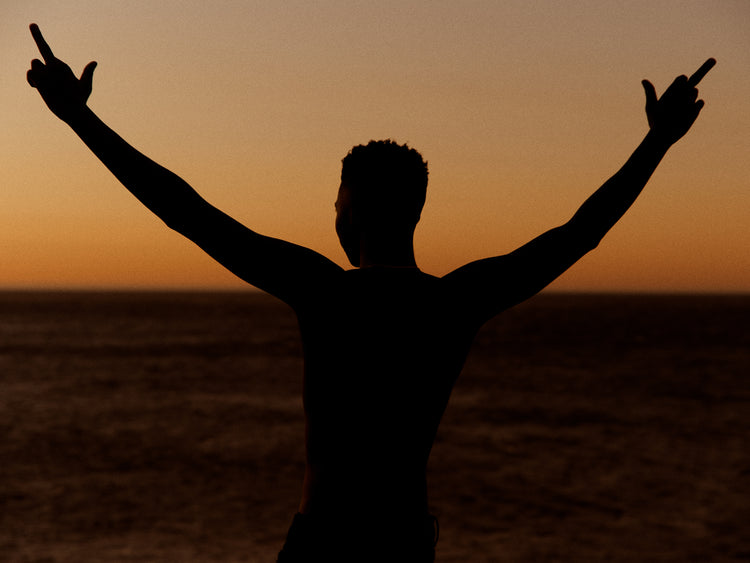 Man standing in front of a sea at sunset and flipping everybody off.