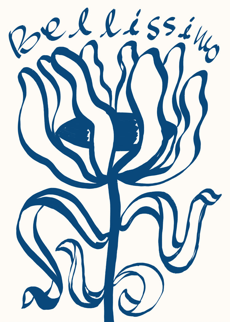 A poster with an illustration of a blue flower with text “Bellissimo”, created by the artist Manne Jalilian.