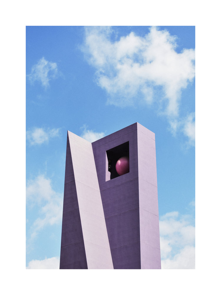 The Pershing Square Tower Poster features a sleek, angular tower with a purple tint set against a vivid blue sky and clouds, reminiscent of Wallbaby art. A prominent pink sphere emerges from an open square near the towers top.
