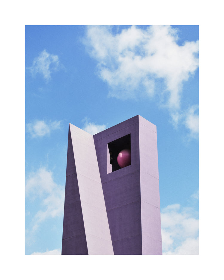 The Pershing Square Tower Poster showcases a modern angular structure with a hollow square top cradling a Hanna KL-inspired purple sphere, set against a blue sky with scattered clouds, creating an image of architectural elegance.