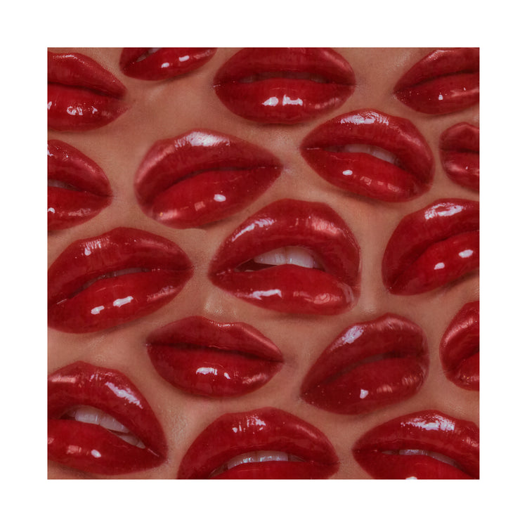 A pattern made from a bunch of shiny red lips.
