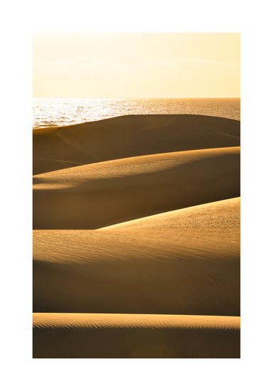 Sand dunes and a calm sea sparkling like gold.