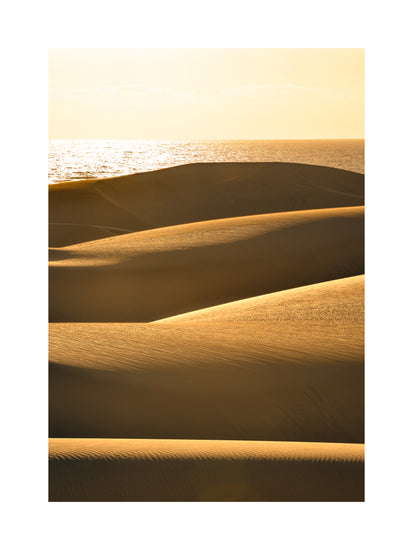 Sand dunes and a calm sea sparkling like gold.